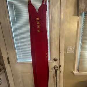 Red Strapless Maxi Dress with Gold Accent Buckles